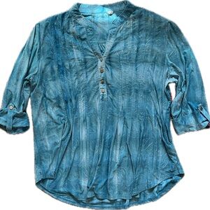 NY Collection Teal Tie-Dye Pin-tuck Roll Tab Button-Up Blouse